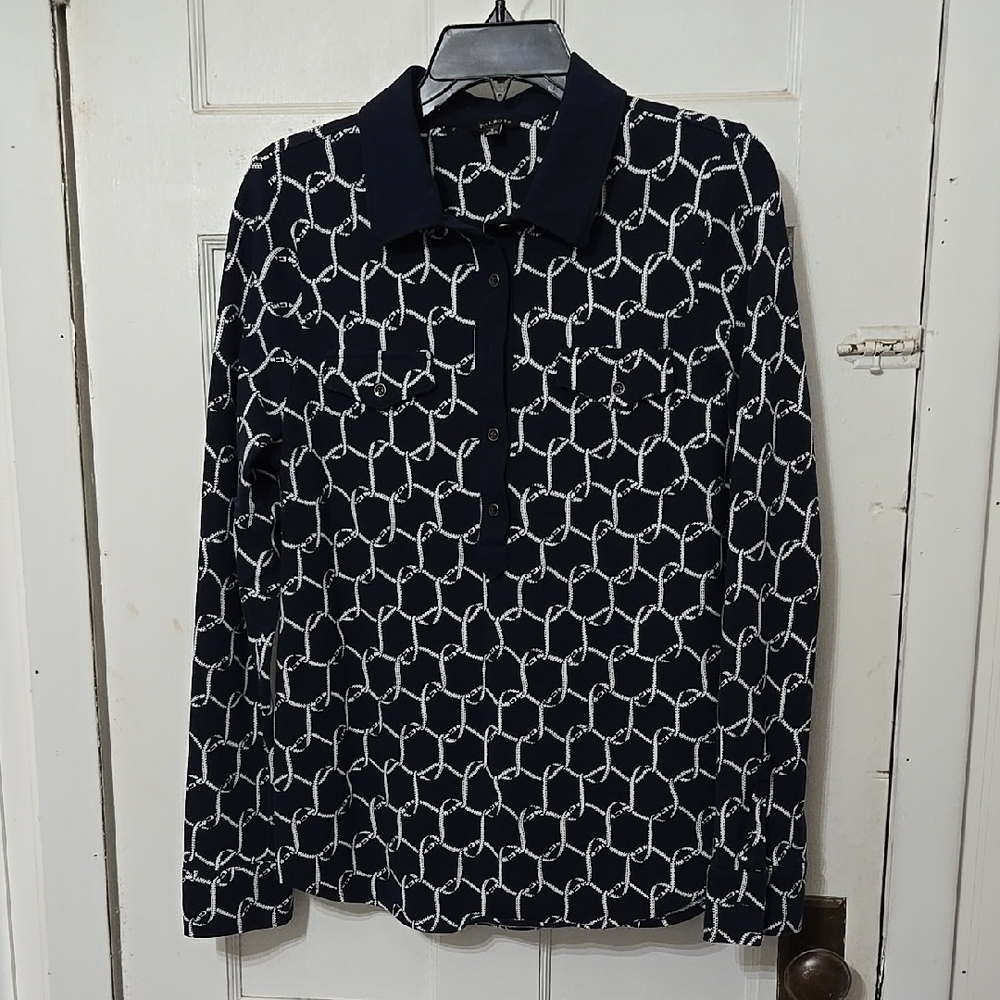 Talbots Navy and White Patterned Polo Long Sleeved Shirt Womens Large